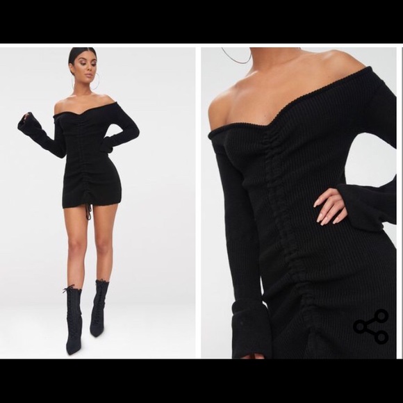 black ruched knit dress